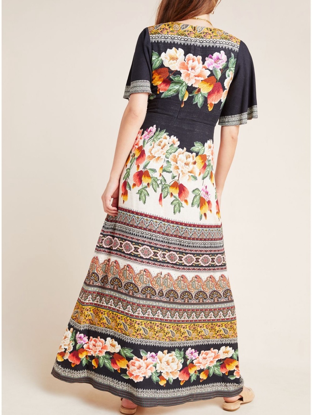 Farm Rio for Anthropologie Esmeralda Floral Print V-Neck Maxi Dress Black/Multi - Picture 2 of 4